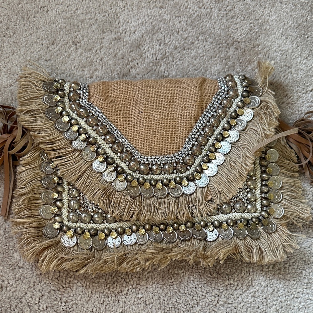 SHASHI Fringe Embellished Clutch - Tan and Silver - Picture 2 of 5